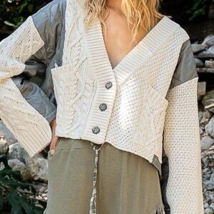 622. POL COST🛑gorgeous button oversized mixed fabrics cardigan sweater